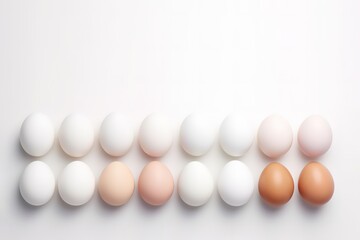 row of fresh and healthy white eggs on white background. generative AI
