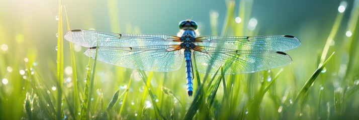 Blue dragonfly on the green grass with dew drops in the morning. Banner 3:1 - Powered by Adobe