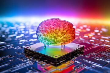 An image of replacing computer artificial intelligence (AI) with the human brain. A brain is floating above semiconductor chips and circuit boards. Concept for technology and innovative advanced tec.