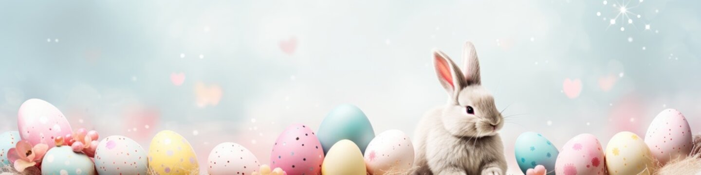 Easter banner 3:1 with bunny and colorful eggs on bokeh background