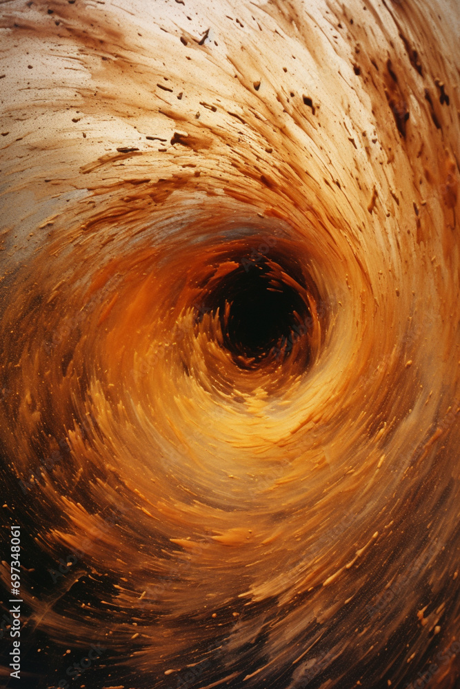 Aufkleber a dynamic composition of swirling sawdust creating an abstract vortex.