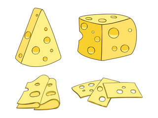 Set of Cheese Parts and Slices, Cartoon Vector Illustration on White Background