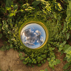 blue hole sphere little planet inside green grass round frame background