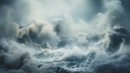 A scene of a stormy sea, with waves and foam depicted using various textures of sawdust. - obrazy, fototapety, plakaty