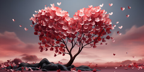 A beautiful tree with leaves in the shape of hearts. Concept of love. Valentine Day, Love of Nature, Nature Conservation. crafts. Greeting Card. paper sculpture.