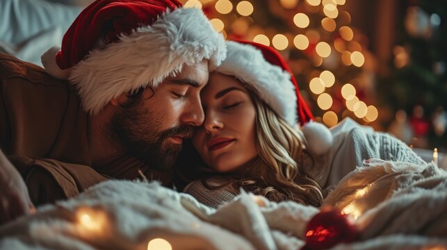 Attractive Sick Couple Santa Hats Waking, Background HD For Designer