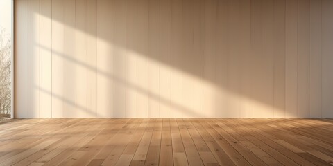 An empty room with a wooden floor with a spotlight effect from outside. generative AI