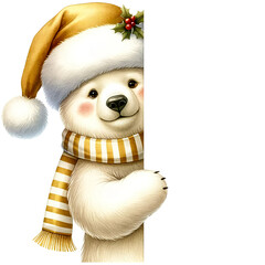 Watercolor Cute White and Gold Christmas Peeking Polar Bear