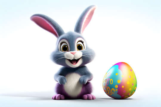 3D Style illustration of a cute smiling easter bunny with fluffy grey and purple fur, a colorful easter egg next to it, isolated background, Generative AI