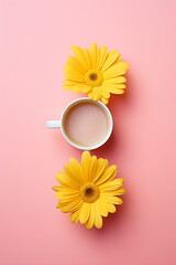 Cup of coffee with two yellow flowers on a light pink background in the style of minimalism