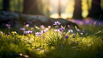 A magnificent spring landscape with wild flowers and a wooded nature background.