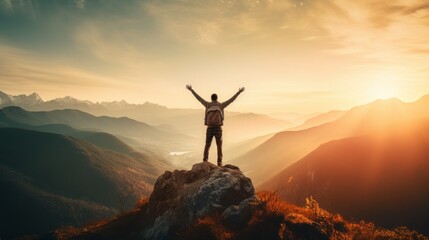 Happy man, arms up, on the top of the mountain, copy space, 16:9 - Powered by Adobe
