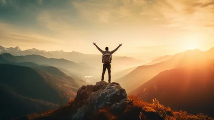 Tuinposter Happy man, arms up, on the top of the mountain, copy space, 16:9 © Christian