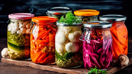 Jars of pickled vegetables resting on a rustic wooden table