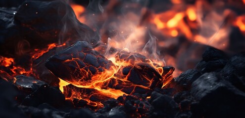 Collection of burning Charcoal with smoke effect on it - obrazy, fototapety, plakaty