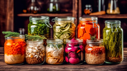Jars of pickled vegetables resting on a rustic wooden table