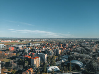 Cityscape from above. Vista dal drone di San Donato Milanese, Provincia di Milano, Italia, Lombardia. Drone photo of an Italian city. Dicembre 2023