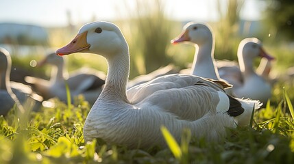 A view of geese grazing on the grass from the side.