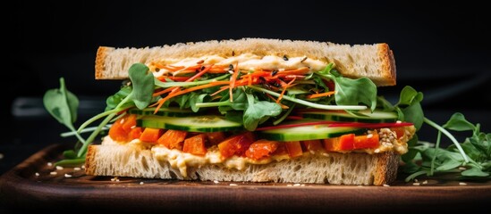 Vegan fusion sandwich with fermented and fresh Asian vegetables on white-textured bread. - obrazy, fototapety, plakaty
