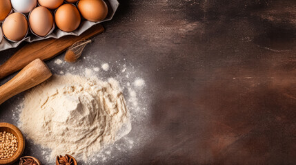 Flour, eggs, and spices elegantly arranged on a rustic wooden table - obrazy, fototapety, plakaty