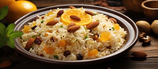 Traditional plate with Iranian pilaf, orange zest, nuts, and raisins.