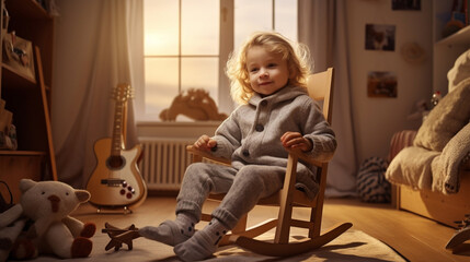The child is sitting in a rocking chair in the children's room. - obrazy, fototapety, plakaty