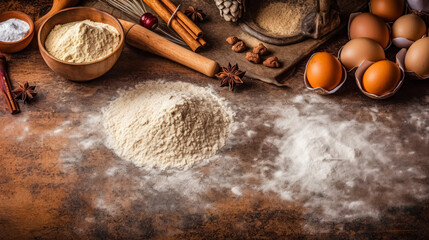 Flour, eggs, and spices elegantly arranged on a rustic wooden table