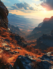 Obraz premium Golden Sunset Over Serene Mountain Terrain