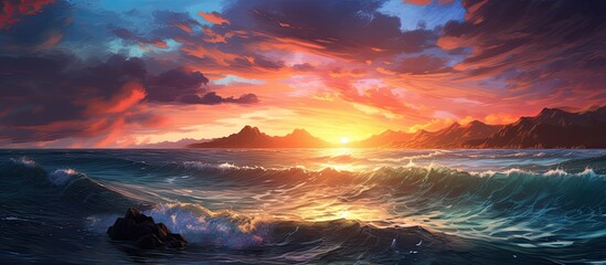 Sunrise over the sea in Okinawa, Japan, creating a beautiful seascape. - obrazy, fototapety, plakaty