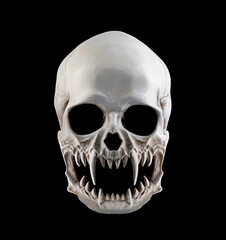 Human skull with fangs isolated on black background