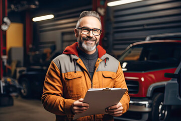 Cheerful auto mechanic man in glasses