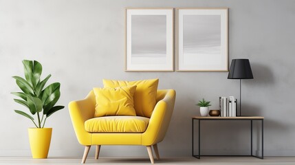 In the living room, there is a modern interior design that features yellow armchair and sofa, and a mock up poster frame.
