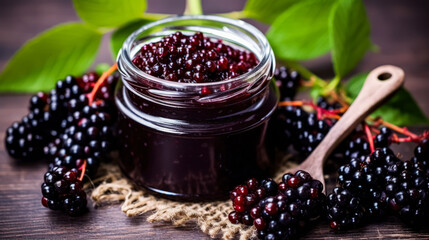 Elderberry jam nestled in a glass jar on a wooden table