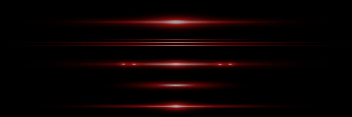 Red horizontal lens flares pack. Laser beams, horizontal light rays.Beautiful light flares. Glowing streaks on dark background.