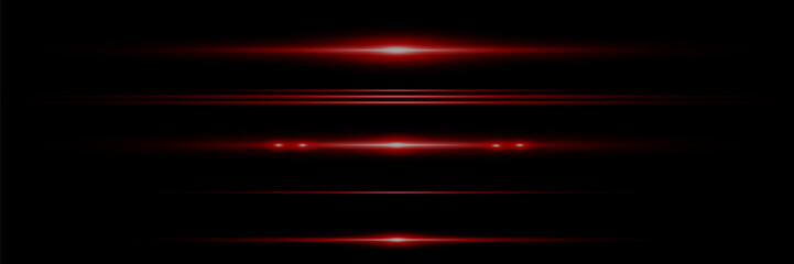 Red horizontal lens flares pack. Laser beams, horizontal light rays.Beautiful light flares. Glowing streaks on dark background.