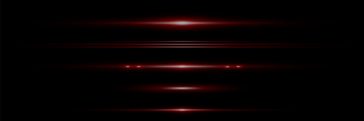 Red horizontal lens flares pack. Laser beams, horizontal light rays.Beautiful light flares. Glowing streaks on dark background.