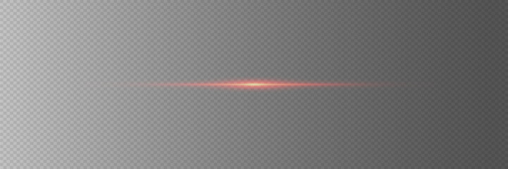 Light rays flash, horizontal lens flares, laser line speed. Red traffic line. On a transparent background.