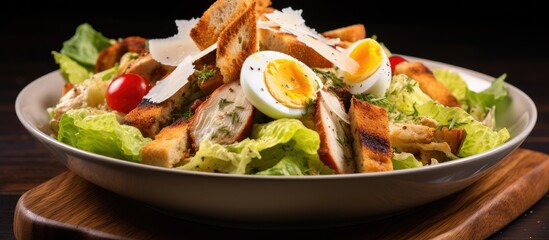 Grilled chicken Caesar salad with egg, croutons, cheese, lettuce, and dressing.