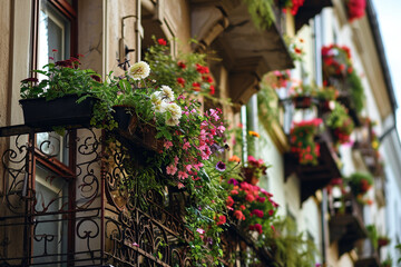 beauty of balconies adorned with blooming flowers or plants, creating a cinematic and vibrant display of urban nature.