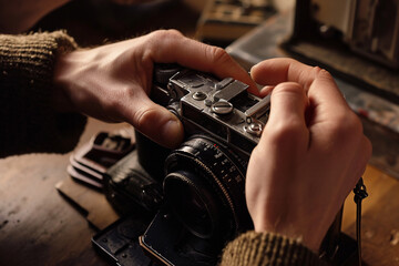 Focus on hands meticulously adjusting the settings of an analog camera, emphasizing the tactile and deliberate nature of the process.