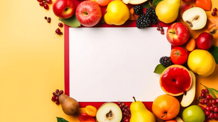 Naklejka na ściany i meble Fruits and vegetables arranged around light paper on a vibrant background