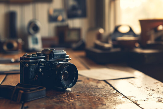 vintage camera placed on a beautifully aged wooden desk, capturing the essence of analog photography in a cinematic photo.