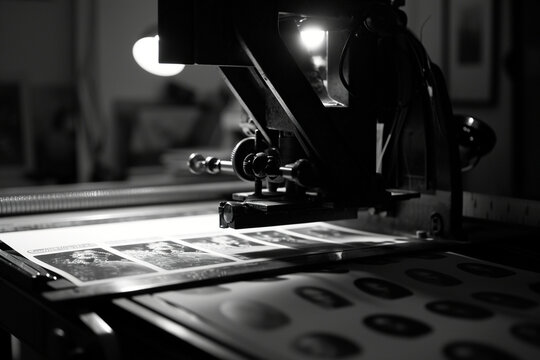 Focus on the details of an enlarger in operation, projecting images onto photo paper, in a cinematic photo that tells the story of analog printing.