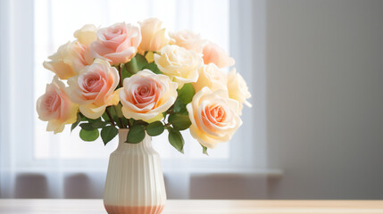 A stunning ikebana centrepiece of peach and white garden roses in a delicate vase brings the beauty of the outdoors into an indoor space