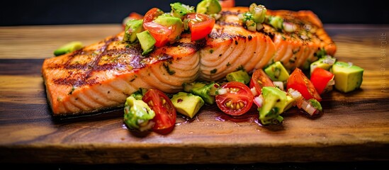 Tasty and nutritious grilled salmon with avocado and tomato salsa. - obrazy, fototapety, plakaty