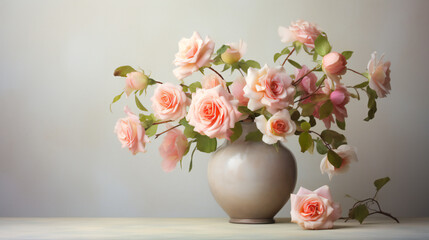 An exquisite bouquet of pink garden roses adorns a floral vase on a wall, creating a captivating still life that exudes the art of flower arranging and the beauty of nature in an indoor setting