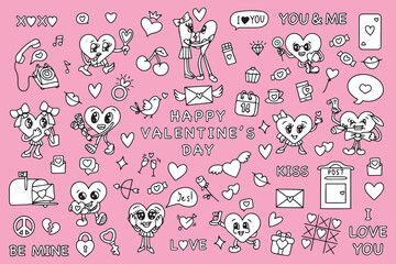Trendy groovy valentines day sticker set. Retro valentines day. 70s 60s aesthetics. Vintage comic vector. Vector illustration. Vector 