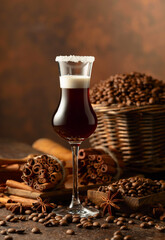 Coffee liqueur with cream on a brown background.