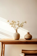 Minimalism home decor with vases and candle on wooden shelf, design template, interior, white wall, space to copy, space for text