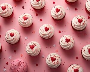 Lovely vanilla cupcakes with a valentine theme, adorned with small heart sprinkles on pink background